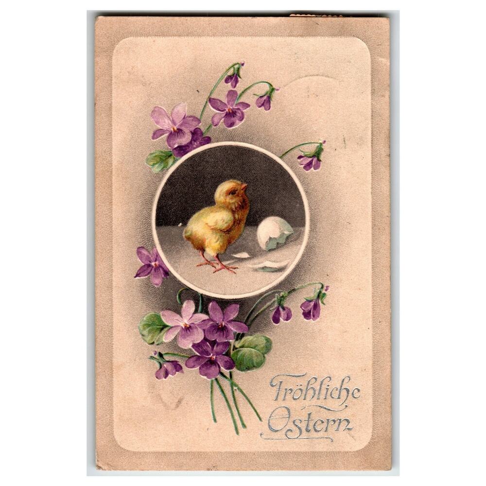 1913 Fröhliche Ostern Baby Chick Violets Embossed German Easter Postcard